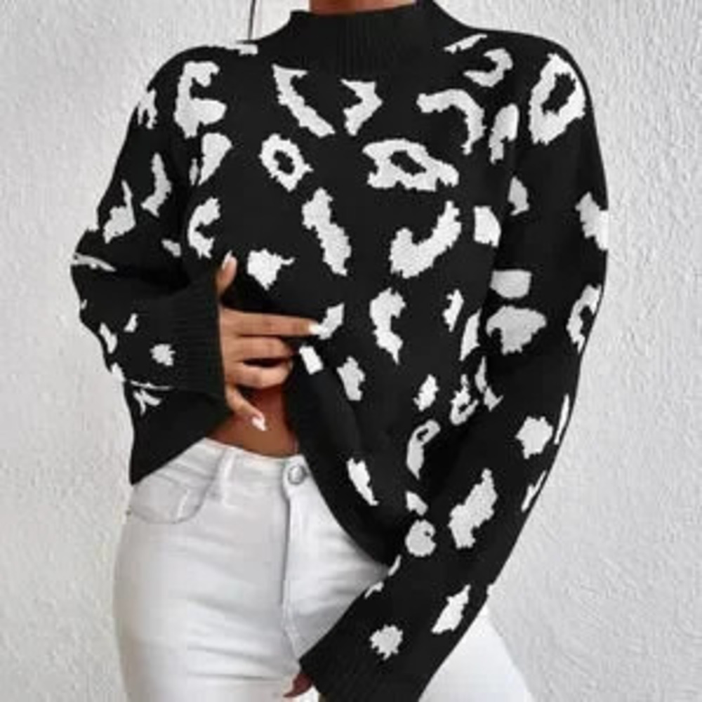 Black Casual Womens Leopard Pattern Mock Neck Drop Shoulder Sweater